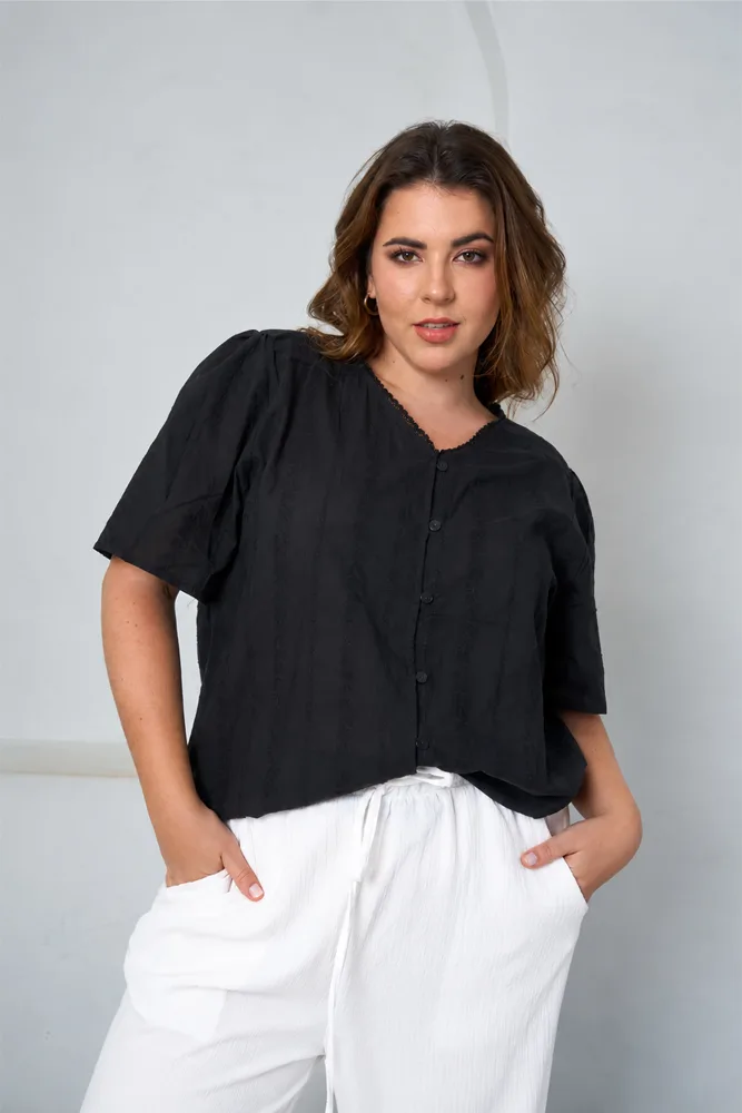 41533 Camisa Cuello Puntilla Manga Frunce